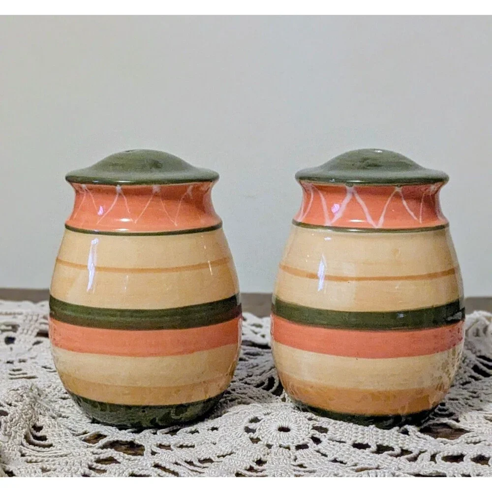 Vintage Striped Salt and Pepper Shakers Hand Painted Ceramic Orange Green Retro